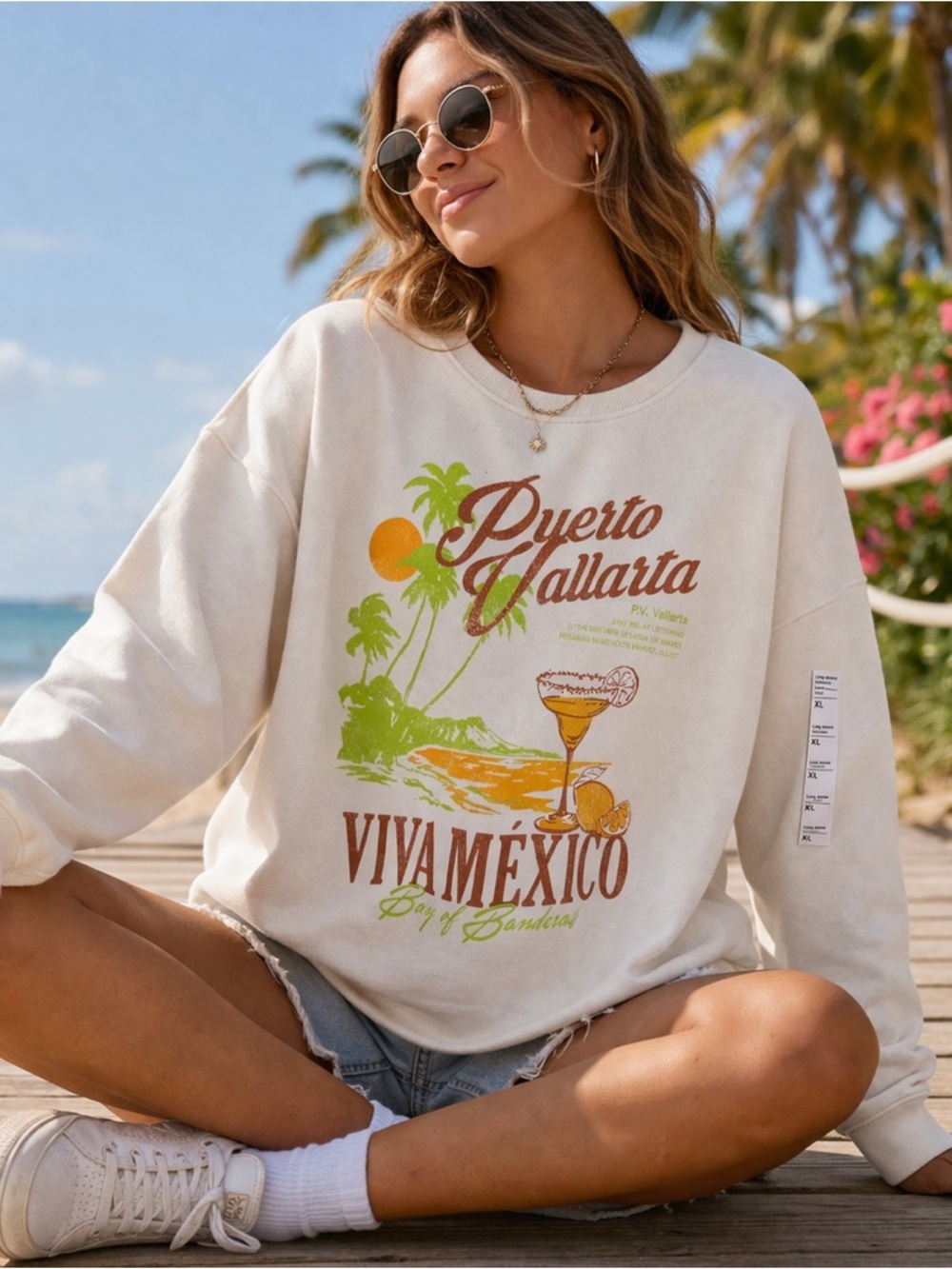 Puerto Vallarta Graphic Sweatshirt XL NWT Oversized Viva Mexico Tropical